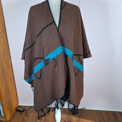 Poncho Mantón Capa Suroeste Mujer Talla Única Marrón Turquesa Negro Flecos Artístico Foto 1 de 4
