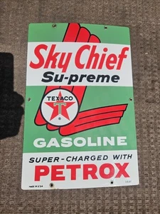 Letrero de placa de bomba de gas de porcelana Texaco Sky Chief 12x18" de colección 1962 con fecha 3-5-62 EE. UU. - Imagen 1 de 7