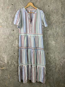 Women’s LOFT Size 8 Stripe V Neck Linen Blend MIDI Dress Tiered Coastal Beach - Picture 1 of 8