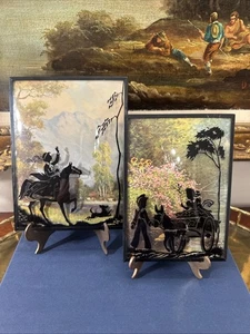 2 Vintage Reverse Silhouette Couple Victorian Bubble Glass Frames - Picture 1 of 16