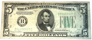 1934 D $5 FEDERAL RESERVE NOTE GREEN SEAL B 84208937 C - Picture 1 of 2