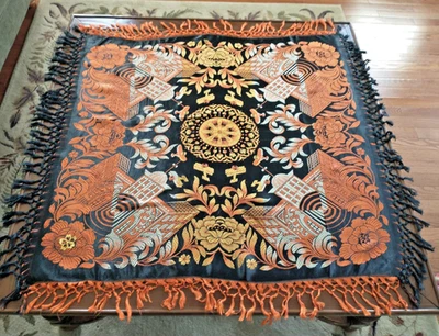 Oriental WWII  Silk Brocade Square Shawl Scarf Tablecloth With Fringe & Biplanes - Image 1 of 4