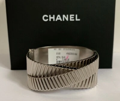 NIB CHANEL CC Logo Reversible SilverTone Sculptured Ridged Hinged Cuff Bracelet - Image 1 of 4