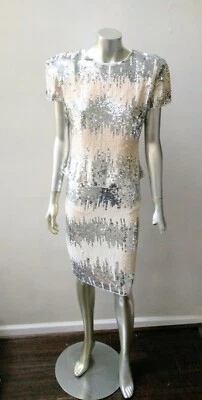  VINTAGE MOD SILK SEQUINED OP ART 2 PC BEADED TRIM RETRO SKIRT SUIT 8 (India) - Image 1 of 4