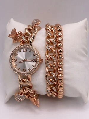 全新 玫瑰金 水晶吊饰 时尚手表和匹配手链 — 第 1/4 张图片