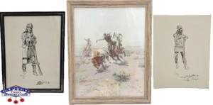 3 Charles Russel gerahmter Brown & Bigelow LP Druck CMR Skizzen Western Art Week! - Bild 1 von 22
