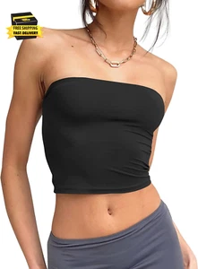 Womens Tube Tops Strapless Crop Tops Basic Backless Sleeveless Bandeau Going Out - Picture 1 of 5