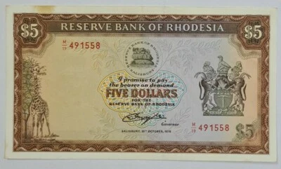 1978 Rhodesia 5 Dollars @ GEF【P-36b】 - Image 1 of 4