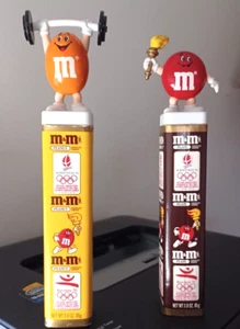 Red & Orange M &M Carry Torch & Weight Lift- Olympics 1992- 2 Empty Containers - Picture 1 of 7