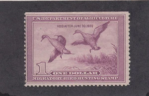 US Sc RW5 MLH. 1938 $1 light violet Duck Hunting Permit Stamp, natural SE, VLH - Picture 1 of 1