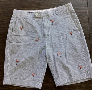 Brooks Brothers Men Bermuda Short Blue Stripe Seersucker Flamingos 33w Cotton - Picture 1 of 10