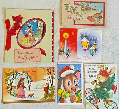 6 x Vintage Christmas Cards Victorian Lady Dog Cracker Robin Hand-Drawn Postcard - Image 1 of 4