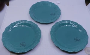 3 THE PIONEER WOMAN COWGIRL LACE HAND MADE SALAD PLATES IN TEAL, 8.5 INCHES - Picture 1 of 6
