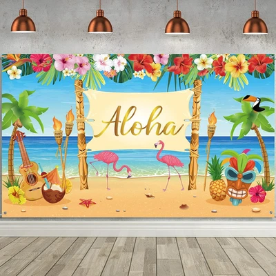 Decoración de fiesta Aloha hawaiana, telón de fondo de playa Luau de verano extra grande B Foto 1 de 4