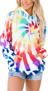 Tie Dye Print Hoodie Long Sleeve Drawstring Pullover Tops Loose Casual Sweatshir - Picture 1 of 12