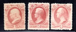 US 1873 OFFICIALS SC. O83, O84, O85 MINT THE 1C & 2C NO GUM THE 3C HINGED - Picture 1 of 2