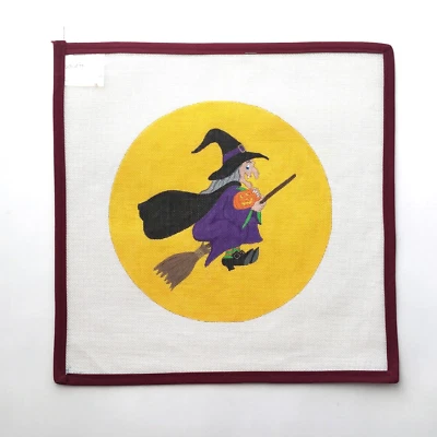 Handpainted Needlepoint Canvas Witch Broomstick Flying Yellow Moon 18 Mesh - Image 1 of 3