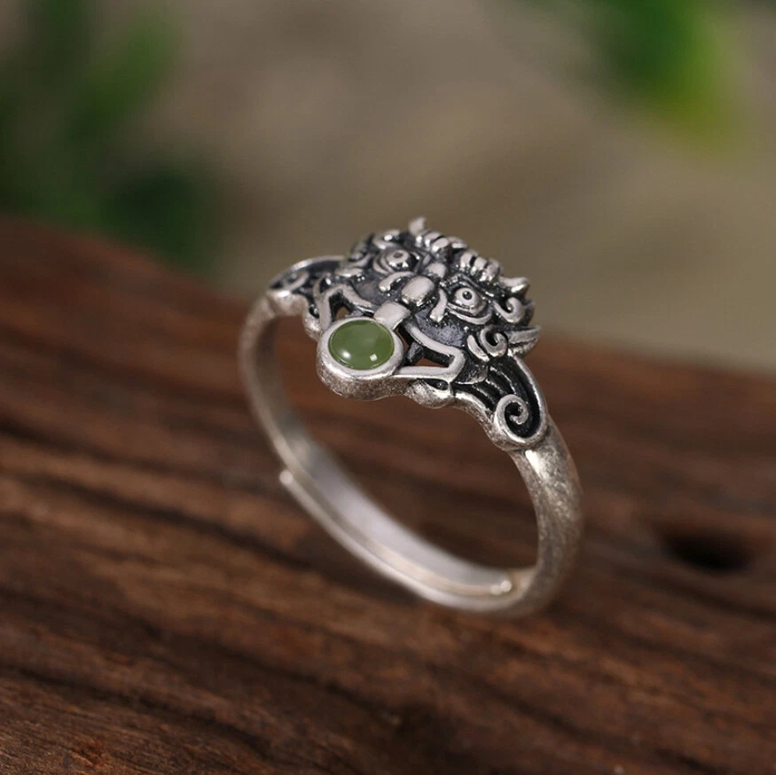 Anello Taotie Maschera Sciamanica Con Giada Verde Argento 925 Regolabile - Immagine 1 di 1