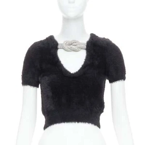 ALEXANDER WANG Crystal Knot black fuzzy V0-neck cropped sweater XS - Picture 1 of 9