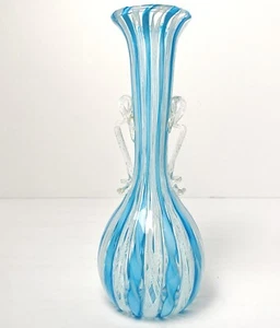 Vintage Murano Zanfirico Ribbon Vase Aventurine Garza Handles Blue AVEM Toso 8" - Picture 1 of 16