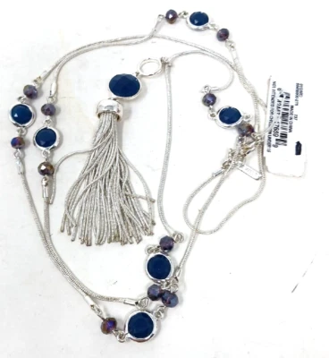Nine West Station Necklace w/Tassel 36" SilverToned Blue Rhinestone Bezel J8Db - Image 1 of 4
