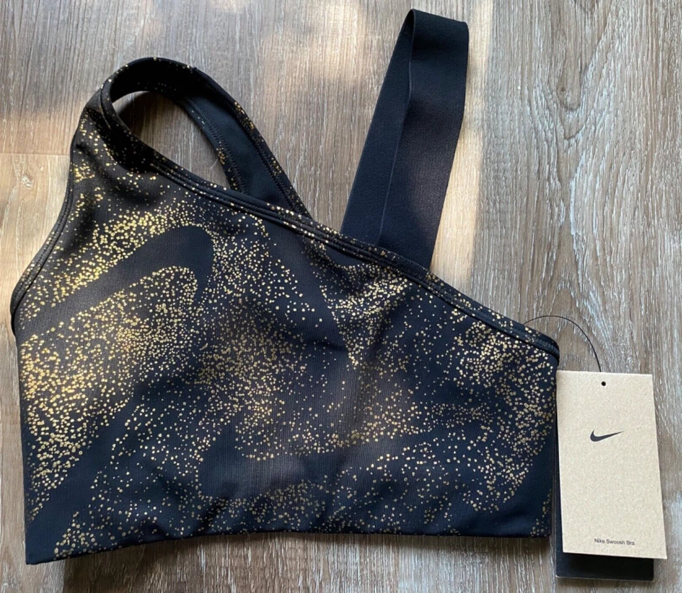 Nike Black/Gold Swoosh Asymmetrical MS Non-Padded Sports Bra DQ5242-010 XS