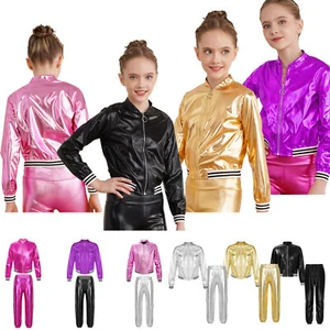 Kids Unisex Bomber Jacket & Sweatpants Jazz Hip Hop Dance Shiny Metallic Set - Picture 1 of 136