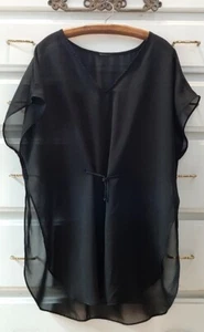 Sheer Transparent Kimono Cover-Up Kaftan Suede Cinch Tie Waist & Back Black OS - Picture 1 of 7