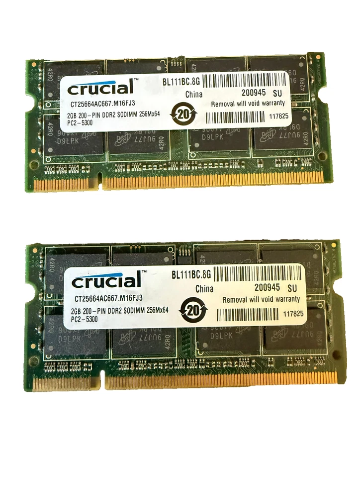 Crucial 4GB (2 x 2GB Single Sticks) PC2-5300 667 DDR2 Sodimm Laptop RAM Memory - Image 1 of 1