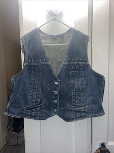 Ashley Stewart Studded Denim Vest Womens Sz 24W Blue Stretch Button Closure 3x - Picture 1 of 8
