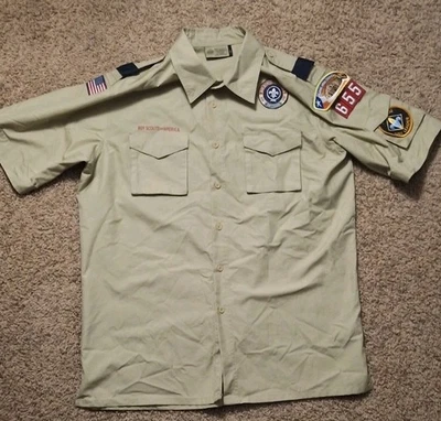 Boy Scouts of America Shirt Adult Large Beige Button Up LOOSE PATCHES *READ!!* - Image 1 of 4