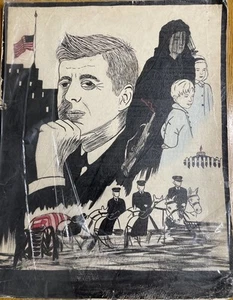 Dibujo a tinta sobre cartón John F Kennedy asesinato funeral familiar 11 x 15 pulgadas - Imagen 1 de 10