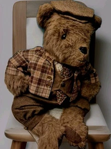 VINTAGE MOHAIR 22" L SITTING 14" TEDDY BEAR CAP TIE & SUIT QUALITY HTF OOAK - Picture 1 of 16