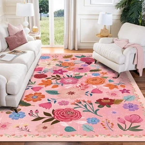 Washable Boho Area Rug 3'×5' Hot Pink Large Living Room Rug Floral Non-Slip C... - Picture 1 of 7