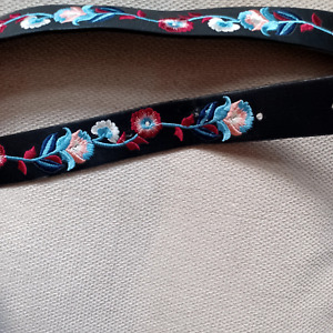 Boho Embroidered Flowers Black Leather belt ladies unisex fit 28" to 34" approx