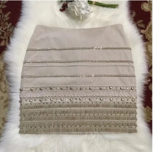 White House Black Market Beige Gold Embellished Fringe Pencil Skirt Sz 10 - Picture 1 of 9