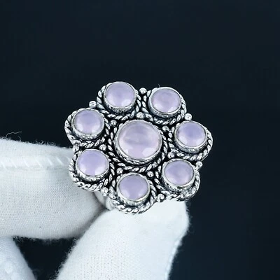 Rosa Chahlcdony 925 Argento Sterling Gemma Fiore Anelli Mano Gioielli Regali - Immagine 1 di 4