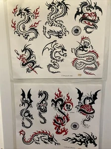 2 Sheets Adam Kaplan Tattoo Flash Wall Art P.Mafuz Artist 2000 Dragon Red Black - Picture 1 of 6
