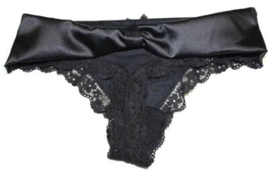 Victorias Secret Black Satin Bow Tie Thong Panties Size XS-M SEXY Mesh Back NWT - Picture 1 of 11