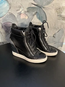 Giuseppe Zanotti 38.5 Womens Double Zip Wedge Heel Sneakers Black Leather US 8.5 - Picture 1 of 24