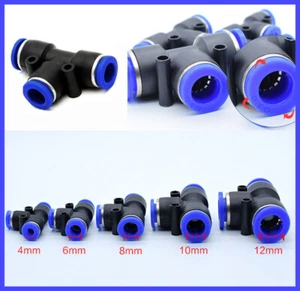 Pneumatic T Piece Tee Push Fit Connectors Hose Tube Inline Push Fitting 4mm~16mm - Picture 1 of 17