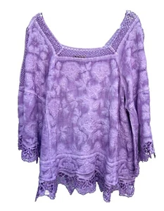 Democracy Peasant Top Women L Lavender Crochet Flare Sleeves 100% Cotton Boho - Picture 1 of 15