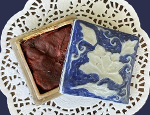 Antique Japanese Ink Box,  Blue & White Porcelain  - Lid has Raised Lotus Relief - Picture 1 of 13