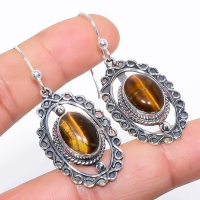 Brinco de prata esterlina 925 pedra preciosa étnica olho de tigre natural 2,0" u771 - Imagem 1 de 4