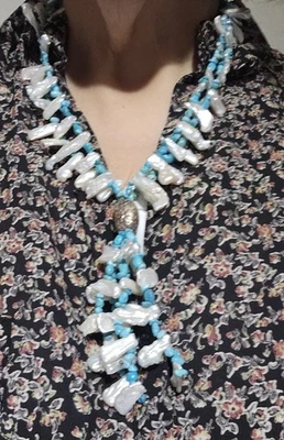 Jay King  DTR Mine Finds Sterling Silver  Turquoise & Keisha Pearl Necklace HSN - Image 1 of 4