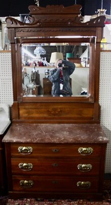 Antique Dresser, Bevelled Mirror, Marble Top & Carvings by Eastlake 78"H x 40"W - Image 1 of 4