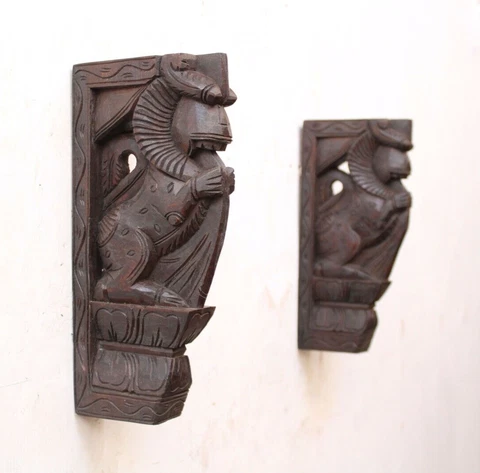 Yali Statue Wooden Dragon Wall Bracket Corbel Pair Shelf Support Vintage Decor Cover