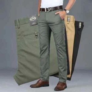 New Men's Business Casual Pants Stretch Slim Classic Green Black Khaki Navy Blue - Picture 1 of 28