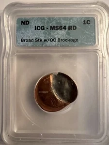 MINT ERROR -LINCOLN PENNY ICG MS-64 RD   BROAD STK.  W/OC BROCKAGE. - Picture 1 of 13