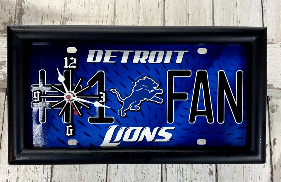 Reloj de pared con matrícula enmarcado por ventilador Detroit Lions #1 Foto 1 de 4